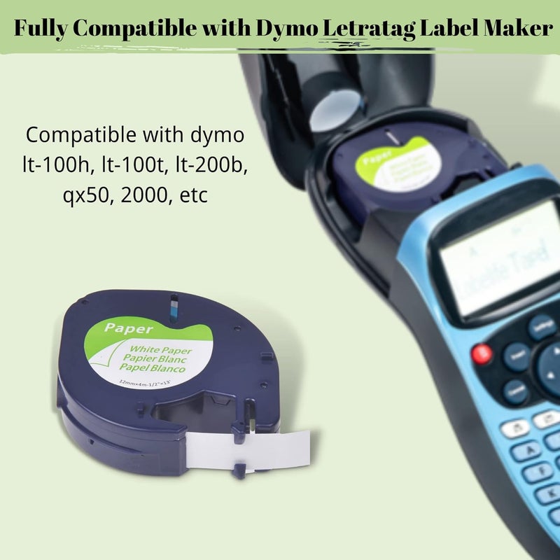 Wonfoucs Compatible Labels Replacement for Dymo Label Maker Refills 91330 10697 White Paper 12mm x 4m 1/2'' x 13' LT Labeling Tape Work for Dymo Letratag Label Maker LT-100H LT-100T QX50, 6-Pack - Image 2